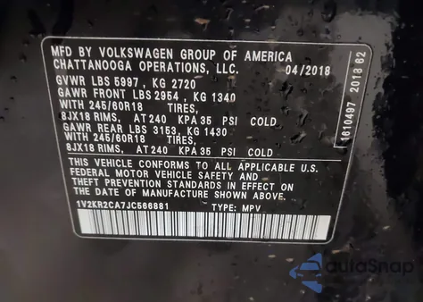 2018 Volkswagen Atlas 3.6L V6 Se from USA, damaged, VIN 1V2KR2CA7JC566881
